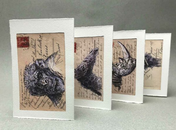 Yves Coladon artiste peintre et graveur. L'Arche de Noé, encre et aquarelle, sur dos de vielle carte postale