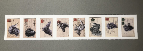 Yves Coladon artiste peintre et graveur. L'Arche de Noé, encre et aquarelle, sur dos de vielle carte postale
