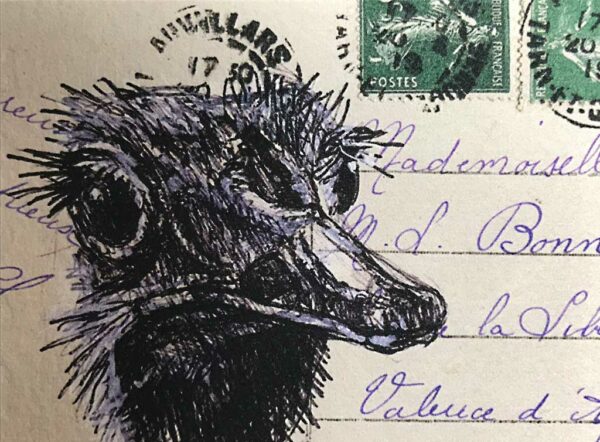 Yves Coladon artiste peintre et graveur. L'Arche de Noé, encre et aquarelle, sur dos de vielle carte postale