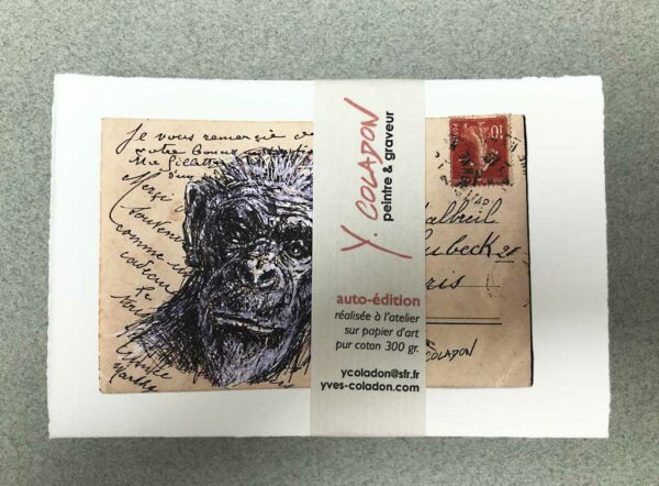 Yves Coladon artiste peintre et graveur. L'Arche de Noé, encre et aquarelle, sur dos de vielle carte postale