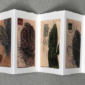 Yves Coladon artiste peintre et graveur. Caméléon, encre et aquarelle sur dos de vielle carte postale