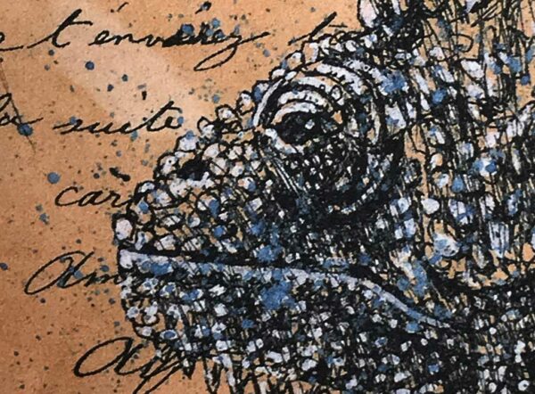 Yves Coladon artiste peintre et graveur. Caméléon, encre et aquarelle sur dos de vielle carte postale