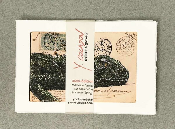 Yves Coladon artiste peintre et graveur. Caméléon, encre et aquarelle sur dos de vielle carte postale