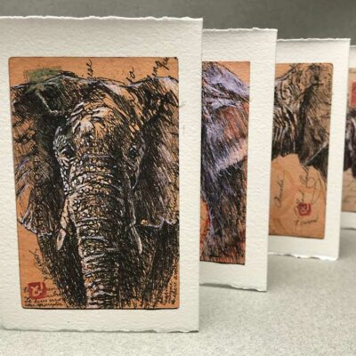 Yves Coladon artiste peintre et graveur. Éléphants. Aquarelle et encre.