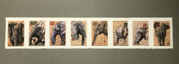 Yves Coladon artiste peintre et graveur. Éléphants. Aquarelle et encre.