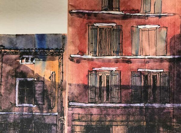 Yves Coladon artiste peintre et graveur. Dieulefit, la rue du Bourg. Aquarelle et encre.