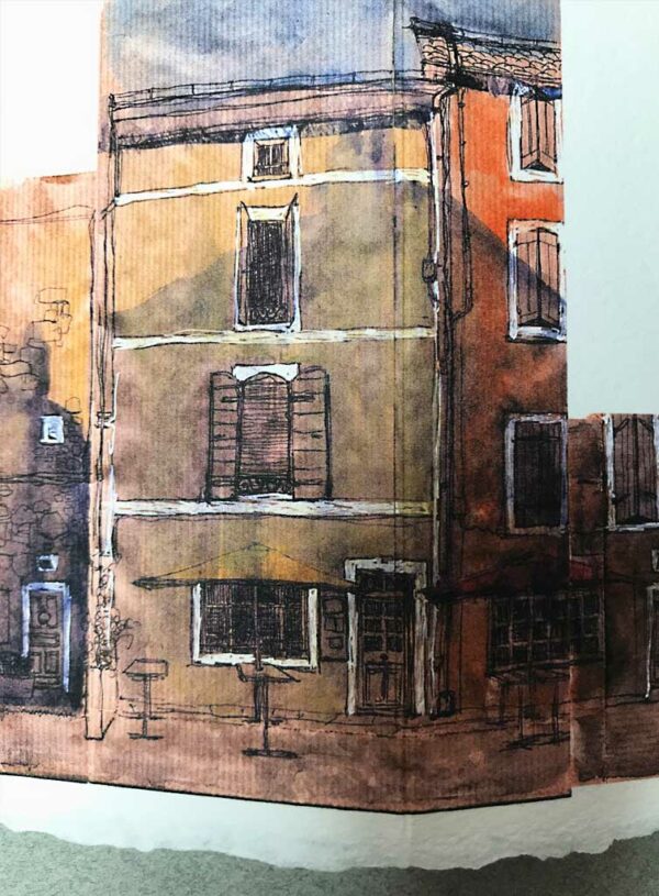 Yves Coladon artiste peintre et graveur. Dieulefit, la rue du Bourg. Aquarelle et encre.