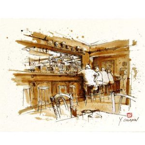 Carte postale. Café du Commerce, aquarelle, Yves Coladon artiste peintre graveur