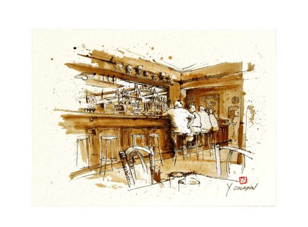 Carte postale. Café du Commerce, aquarelle, Yves Coladon artiste peintre graveur