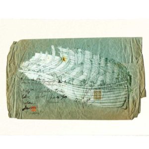 Carte postale. Coque de bois sur la plage, aquarelle, Yves Coladon artiste peintre graveur