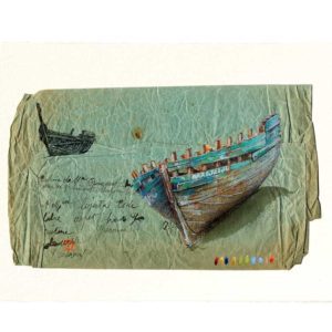 Carte postale. Coque de bois sur la plage, aquarelle, Yves Coladon artiste peintre graveur