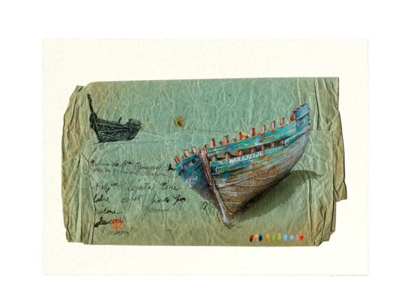Carte postale. Coque de bois sur la plage, aquarelle, Yves Coladon artiste peintre graveur
