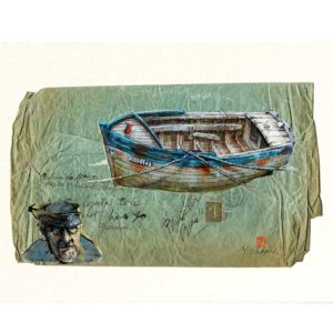 Carte postale. Coque de bois sur la plage, aquarelle, Yves Coladon artiste peintre graveur
