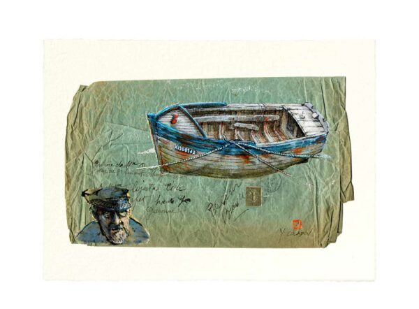 Carte postale. Coque de bois sur la plage, aquarelle, Yves Coladon artiste peintre graveur