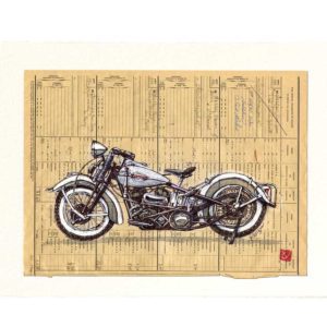 Carte postale. Harley Davidson, aquarelle, Yves Coladon artiste peintre graveur