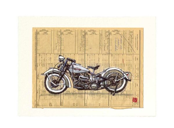 Carte postale. Harley Davidson, aquarelle, Yves Coladon artiste peintre graveur