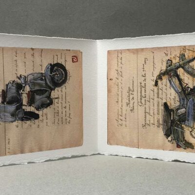 Yves Coladon artiste peintre et graveur. Mobylettes et scooters, nos années folles…. Encre et aquarelle.