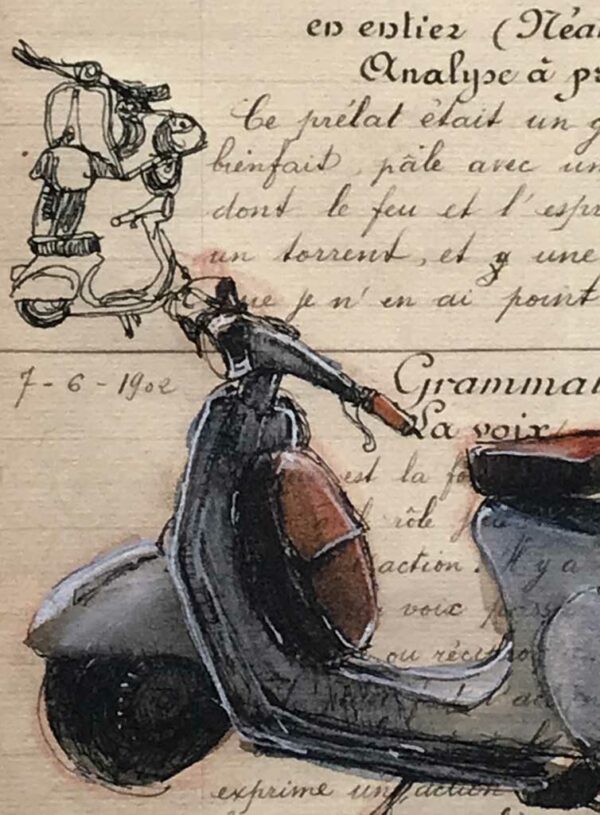 Yves Coladon artiste peintre et graveur. Mobylettes et scooters, nos années folles…. Encre et aquarelle.
