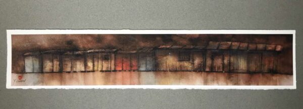 Yves Coladon artiste peintre et graveur. Cabanes de pêcheurs sur le lac de Neuchâtel, Suisse. Encre et aquarelle.