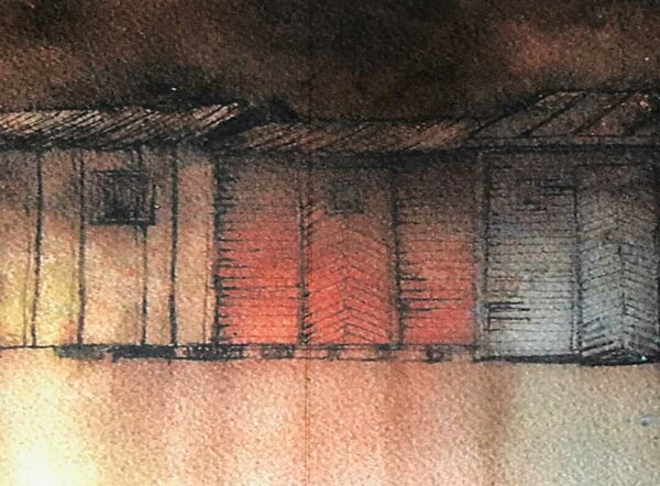 Yves Coladon artiste peintre et graveur. Cabanes de pêcheurs sur le lac de Neuchâtel, Suisse. Encre et aquarelle.