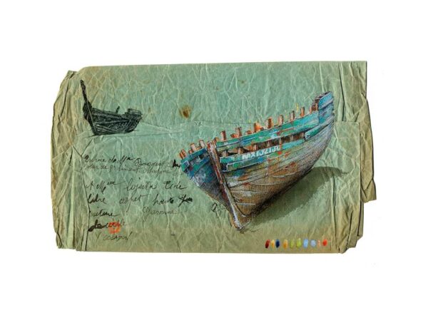 Coque de bois sur la plage, Yves Coladon artiste peintre graveur