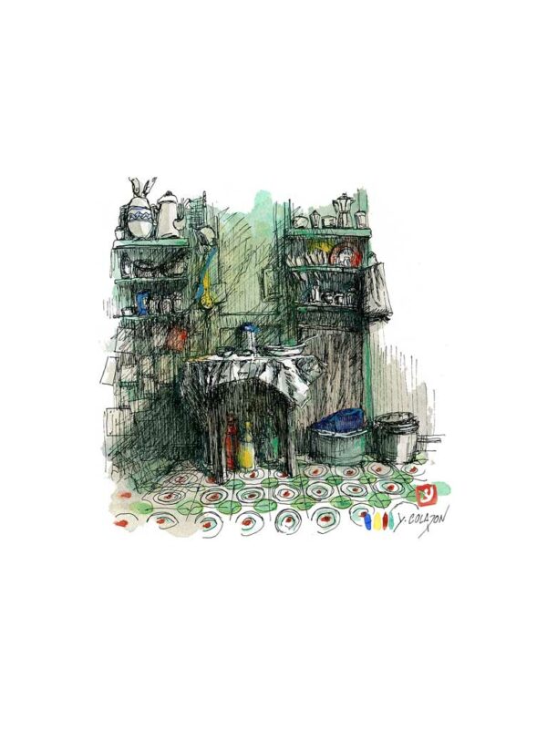 Cuisine, aquarelle, Yves Coladon artiste peintre graveur